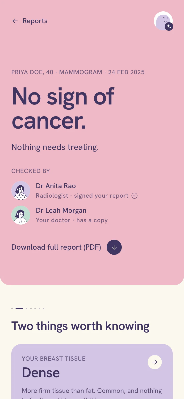The all-clear report on the blush band: No sign of cancer. Nothing needs treating. Checked by two illustrated faces, Dr Anita Rao, radiologist, signed your report, and Dr Leah Morgan, your doctor, has a copy; a Download full report link; then the mint band begins, Two things worth knowing.