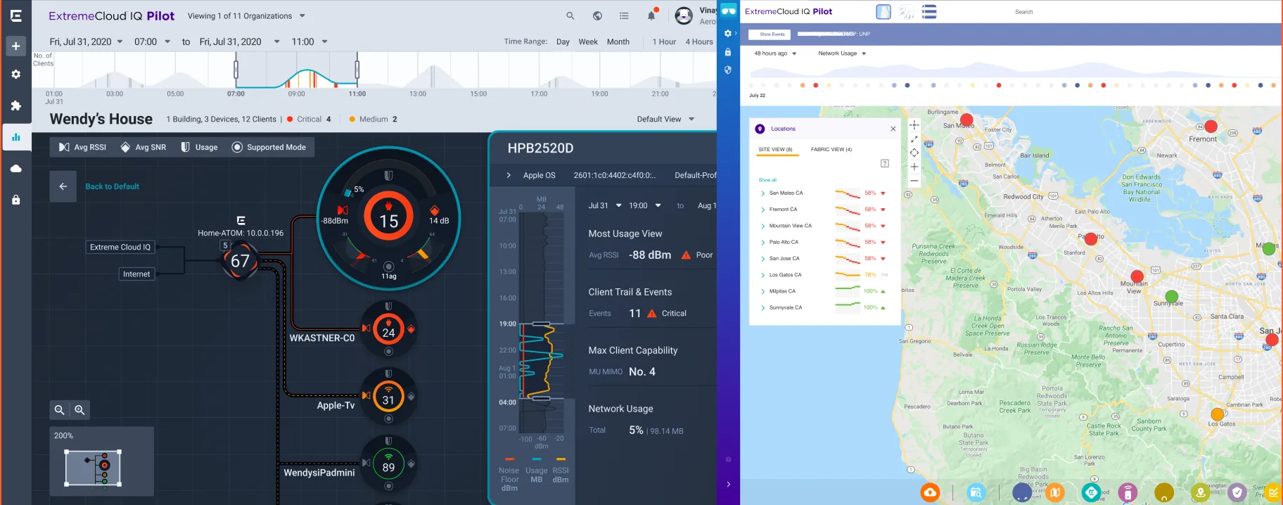 Proof of concept screens: a topology with health rings around a device and its details panel, beside a map of sites with alarm counts.