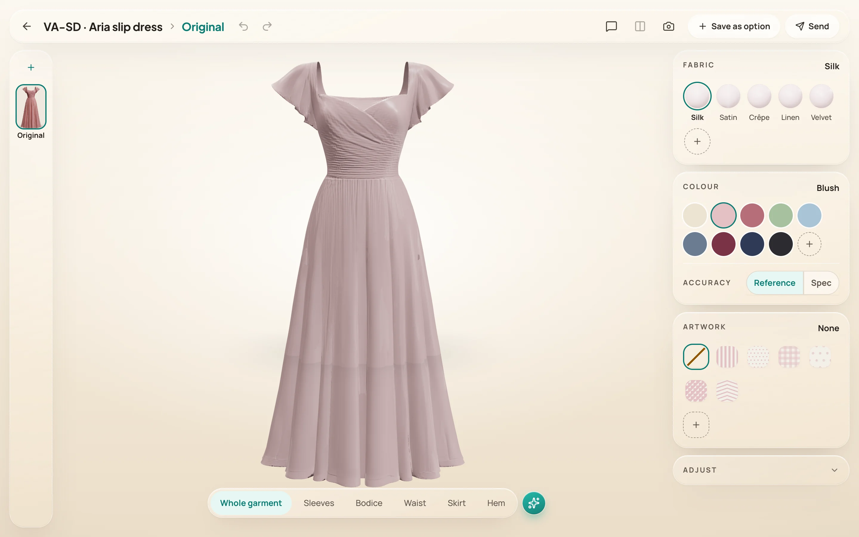 The Virtu Configurator workspace: a slip dress standing on a warm studio ground, a rail of kept options at the left, a floating bar of parts beneath the dress, and a panel of fabric spheres, colour swatches and prints at the right.